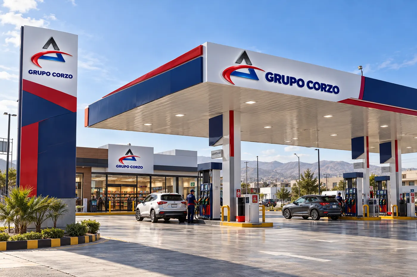 Estación Grupo Corzo con tienda de conveniencia y surtidores bajo el cielo azul