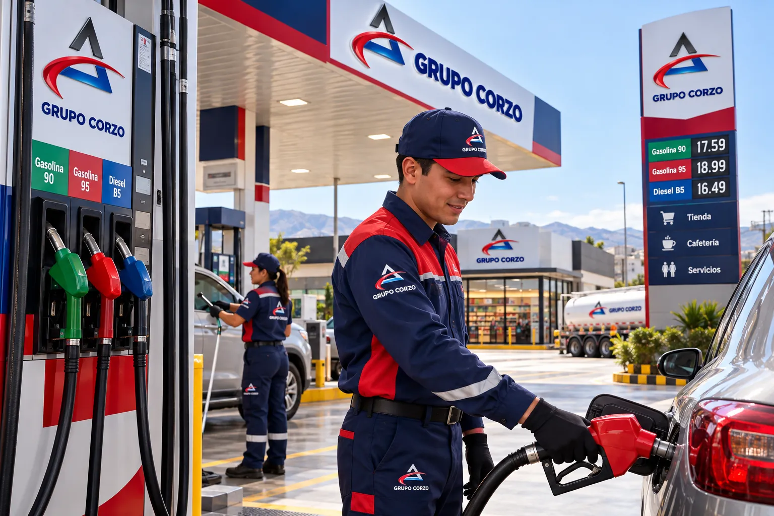 Colaborador de Grupo Corzo atendiendo a un cliente en el surtidor